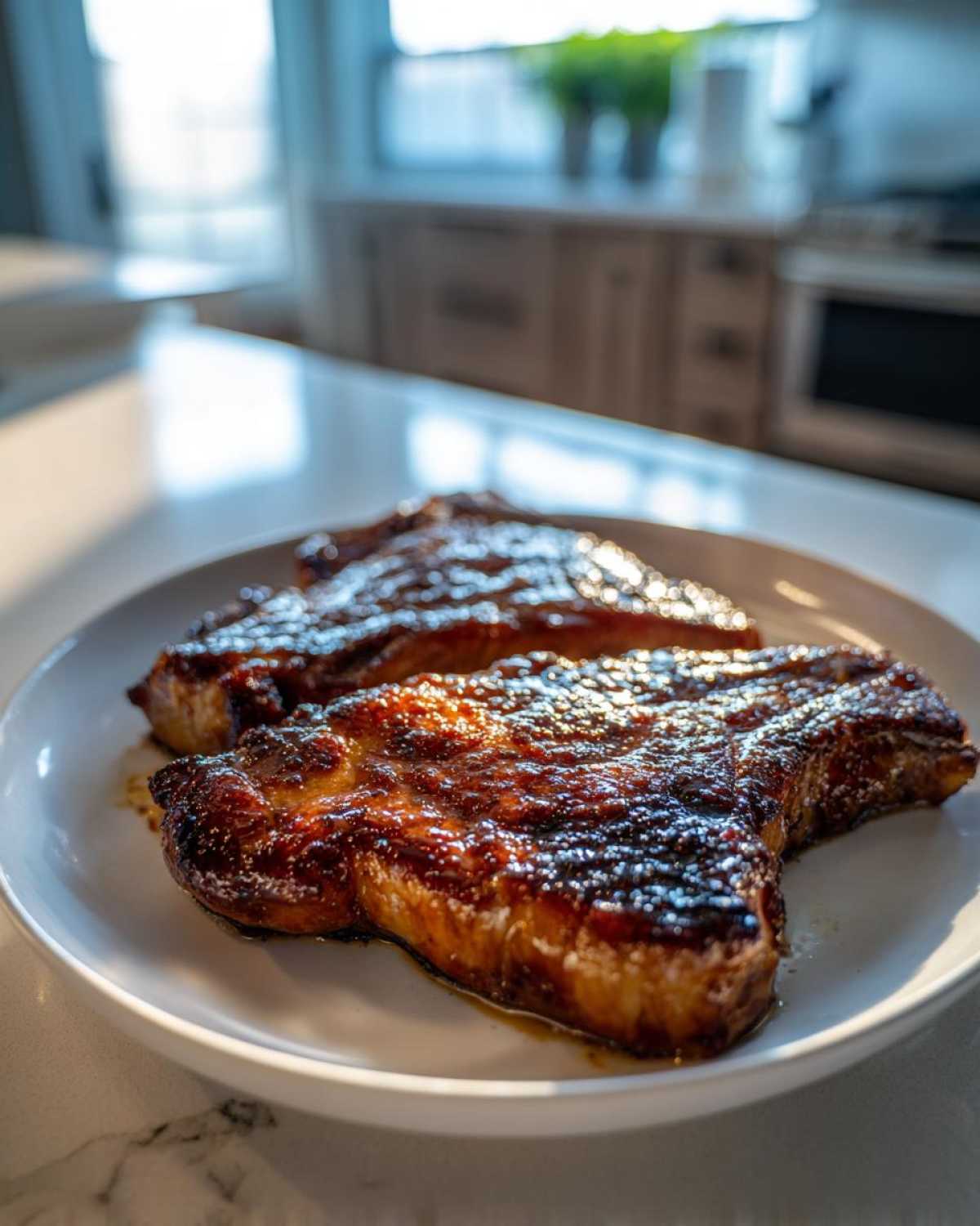 Two perfectly cooked, glazed pork steak cuts resting on a white plate in a sunlit kitchen.