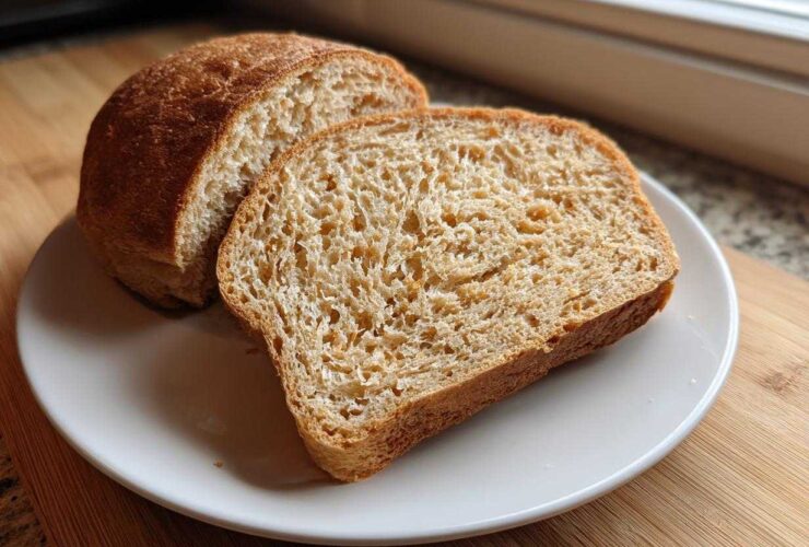 A loaf of homemade whole wheat bread, sliced, sitting on a white plate.