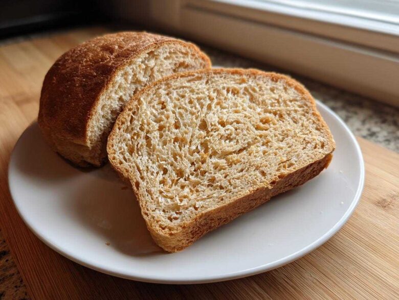 A loaf of homemade whole wheat bread, sliced, sitting on a white plate.
