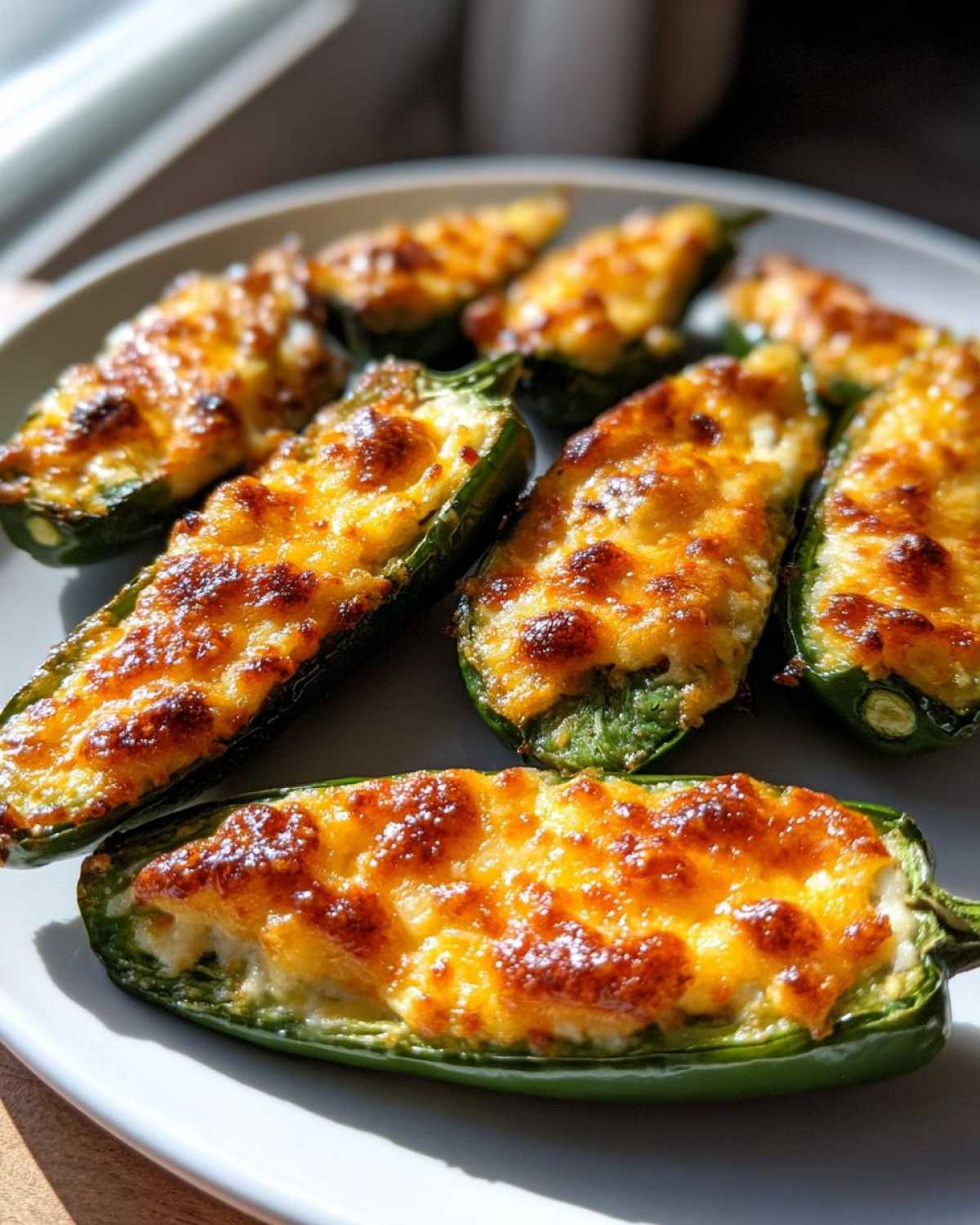 Close-up of several baked jalapeño poppers stuffed with cheese filling and topped with browned, melted cheese.
