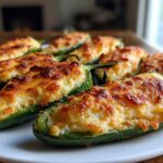 A plate of baked jalapeño poppers stuffed with creamy cheese filling and topped with browned, crispy cheese.