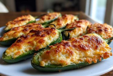A plate of baked jalapeño poppers stuffed with creamy cheese filling and topped with browned, crispy cheese.