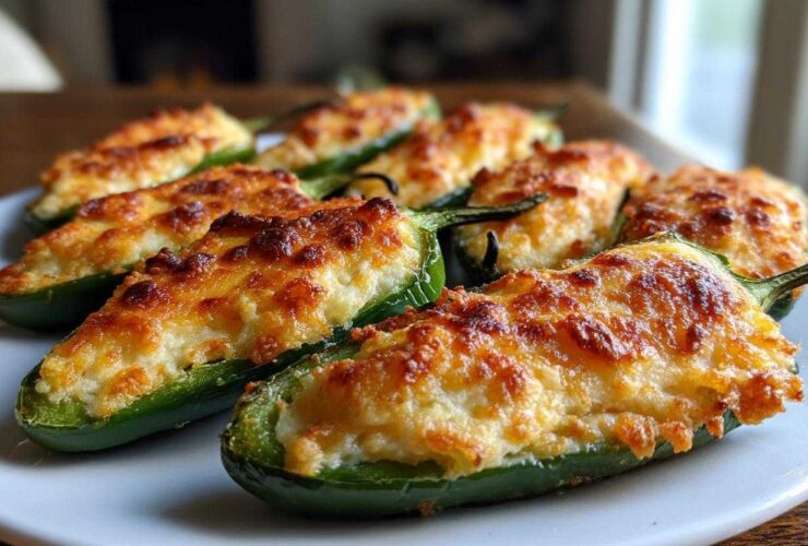 A plate of baked jalapeño poppers stuffed with creamy cheese filling and topped with browned, crispy cheese.