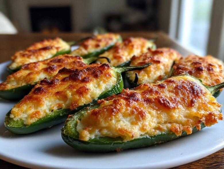 A plate of baked jalapeño poppers stuffed with creamy cheese filling and topped with browned, crispy cheese.
