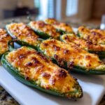 Close-up of baked jalapeño poppers stuffed with cheese and browned on top, ready to eat.