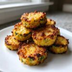 A stack of golden brown baked parmesan zucchini bites with crispy edges served on a white plate.