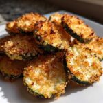 A pile of golden brown, crispy baked parmesan zucchini slices served on a white plate.