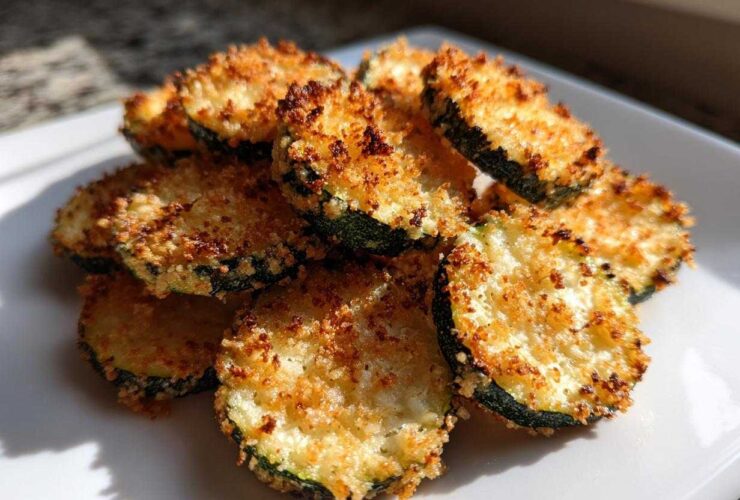 A pile of golden brown, crispy baked parmesan zucchini slices served on a white plate.