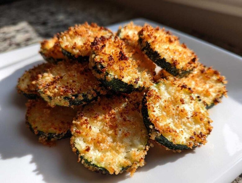 A pile of golden brown, crispy baked parmesan zucchini slices served on a white plate.