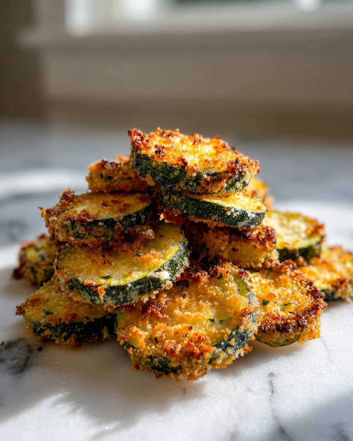 A close-up stack of crispy, golden brown baked parmesan zucchini slices on a white marble surface.