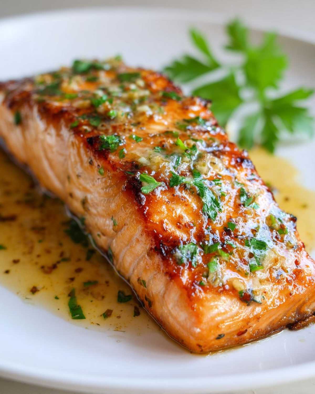 Close-up of a perfectly cooked baked salmon recipe fillet topped with garlic butter and fresh parsley.