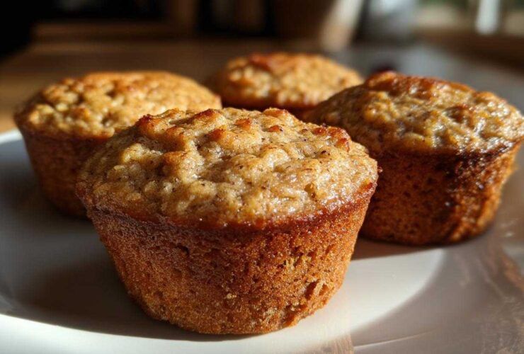 Close-up of four golden-brown banana protein muffins resting on a white plate, highlighted by natural sunlight.