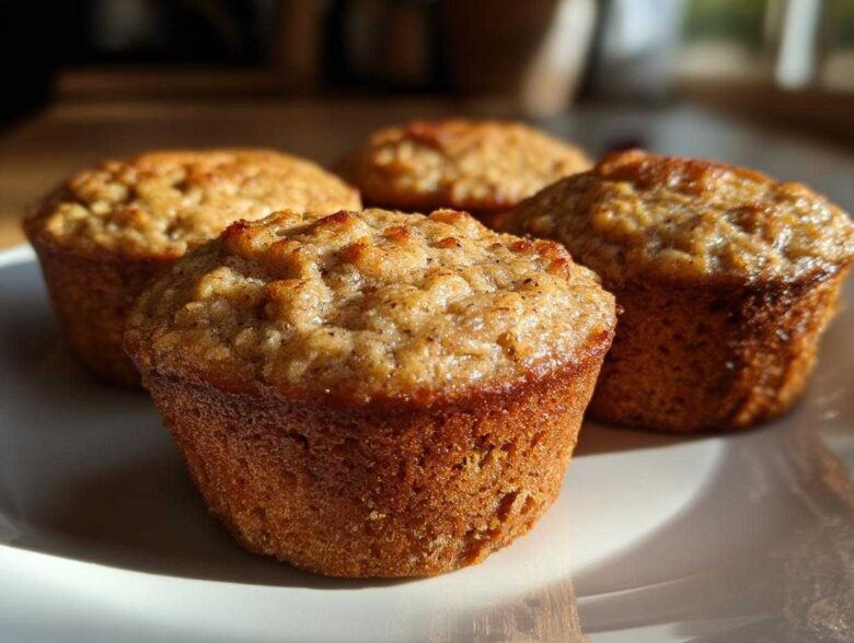 Close-up of four golden-brown banana protein muffins resting on a white plate, highlighted by natural sunlight.