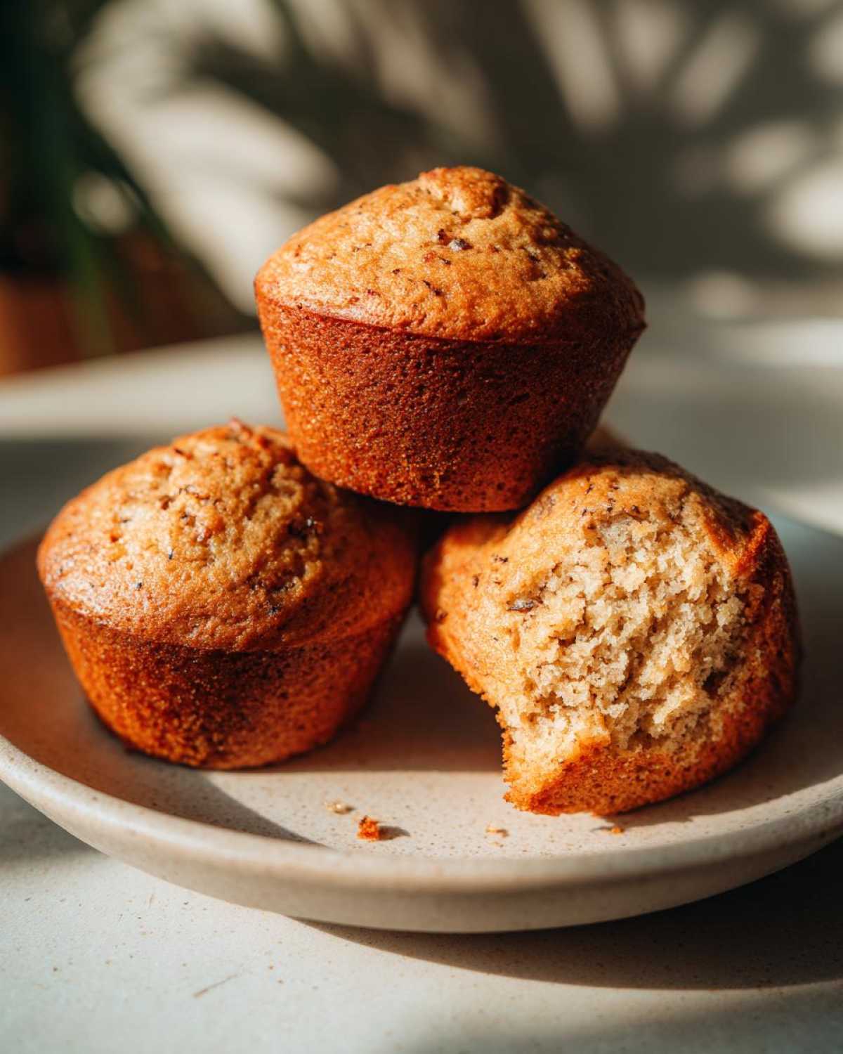 Three golden-brown banana protein muffins stacked on a plate, with one muffin bitten into, showing the moist interior.