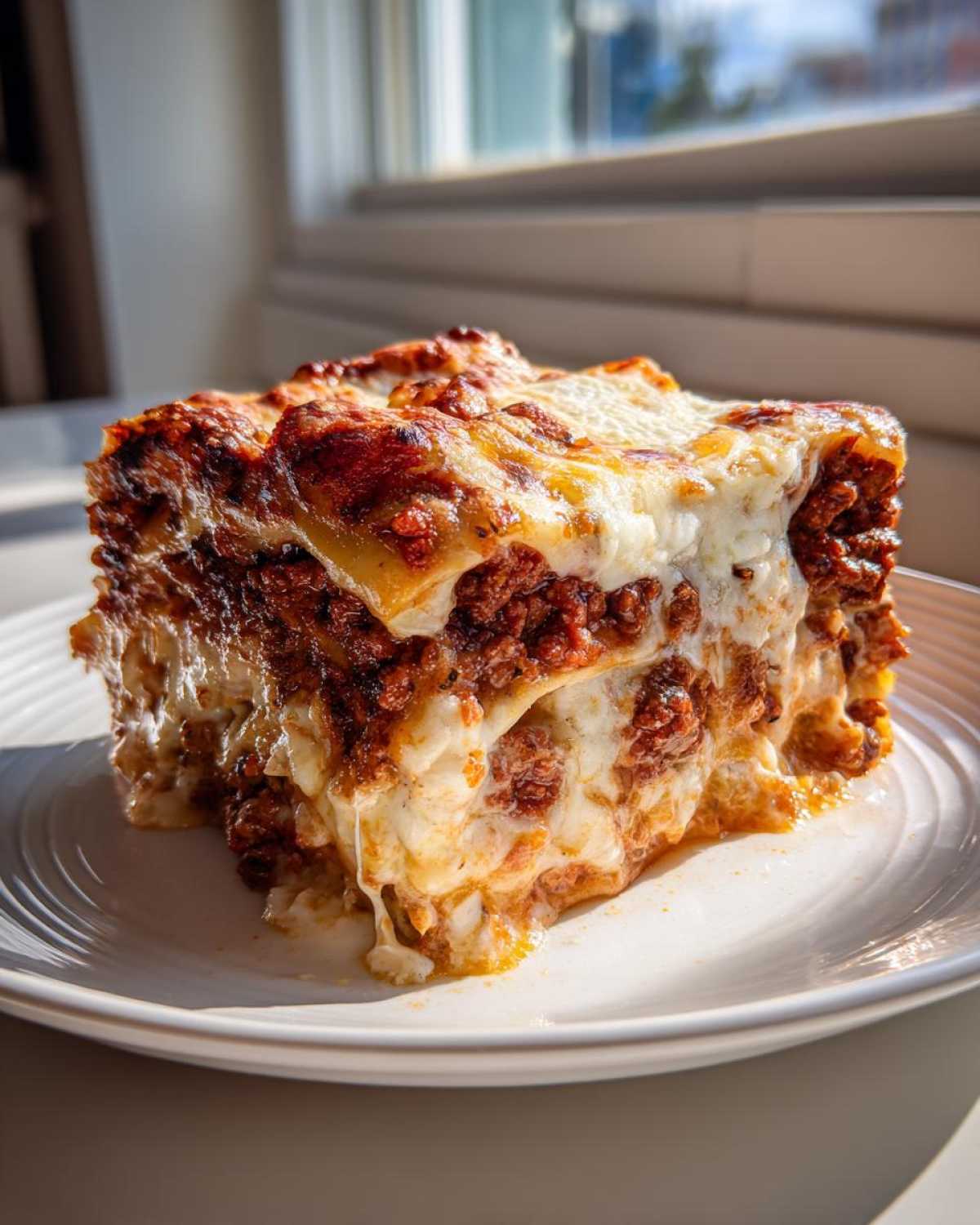 A thick, decadent slice of 8-layer lasagna with rich meat sauce and melted cheese, served on a white plate.