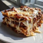 Close-up of a thick, cheesy slice of 8-layer lasagna with rich meat sauce, featuring stringy melted mozzarella.