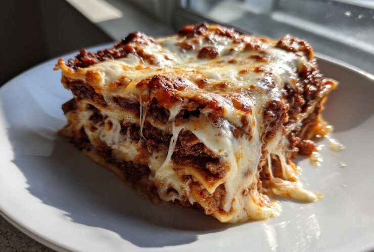 Close-up of a thick, cheesy slice of 8-layer lasagna with rich meat sauce, featuring stringy melted mozzarella.