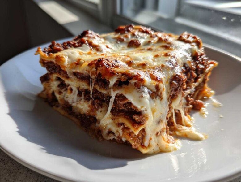Close-up of a thick, cheesy slice of 8-layer lasagna with rich meat sauce, featuring stringy melted mozzarella.