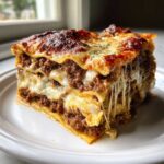 A thick, cheesy slice of 8-Layer Lasagna showing layers of meat sauce and melted cheese.