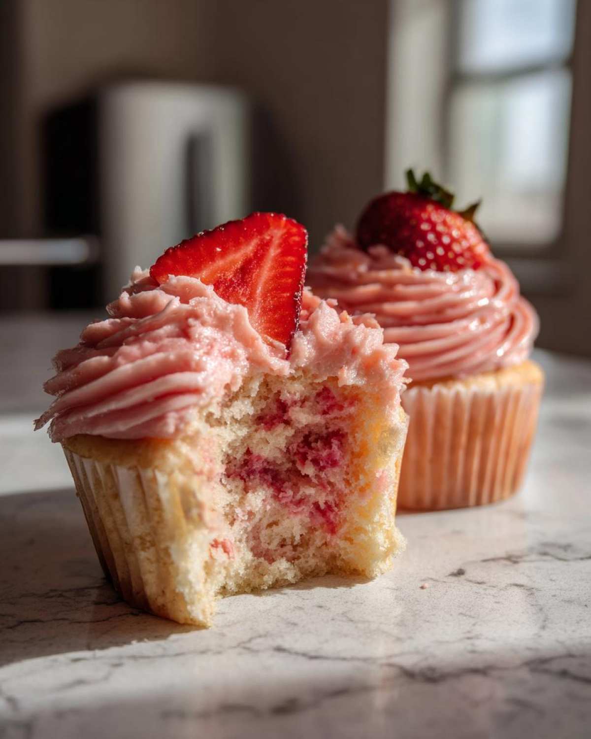 Close-up of a bitten strawberry cupcake showing the moist interior, topped with pink frosting and a strawberry slice.
