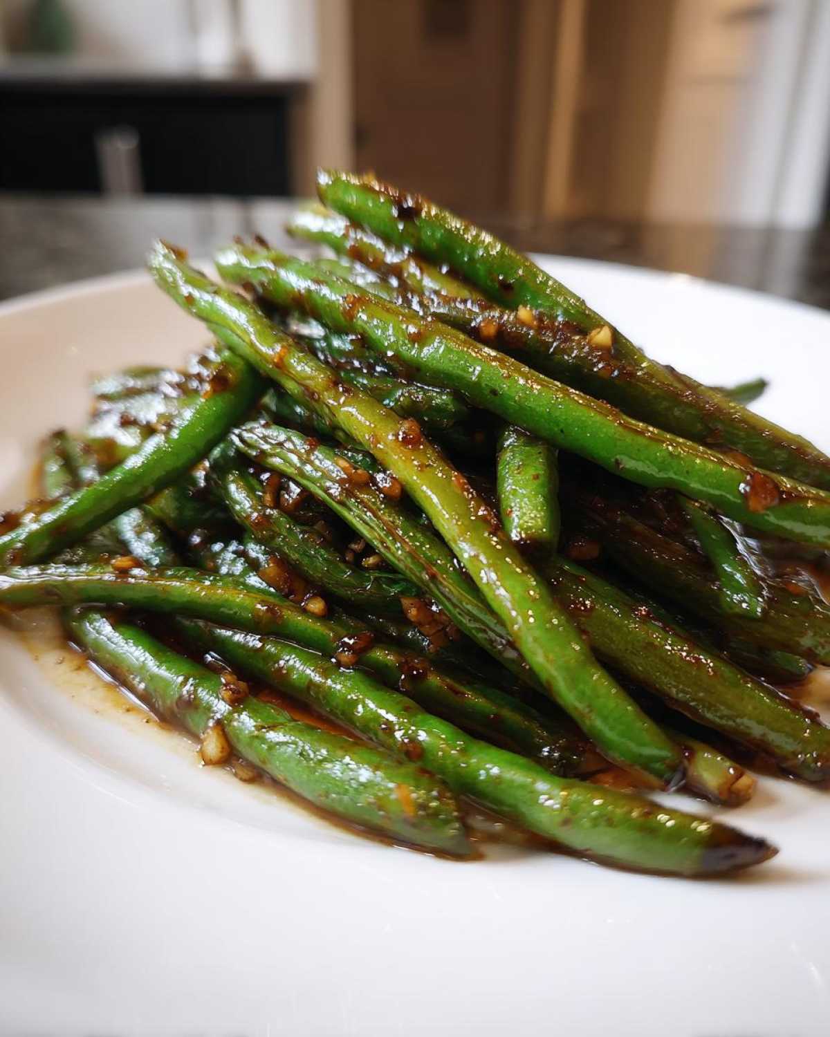Close-up of blistered chinese green beans with garlic sauce piled on a white plate.