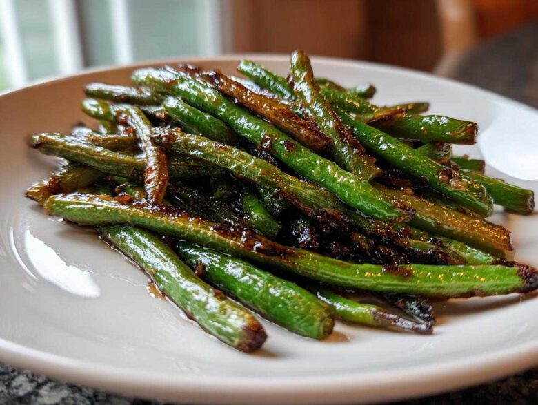 A close-up of blistered chinese green beans with garlic sauce piled on a white plate.