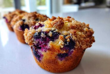 A close-up, low-angle shot of a golden-brown blueberry muffin topped with crunchy streusel, showcasing burst blueberries.