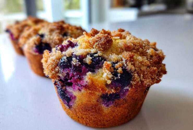 A close-up, low-angle shot of a golden-brown blueberry muffin topped with crunchy streusel, showcasing burst blueberries.