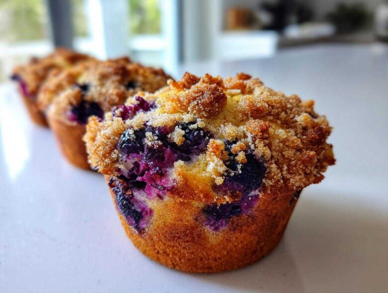 A close-up, low-angle shot of a golden-brown blueberry muffin topped with crunchy streusel, showcasing burst blueberries.