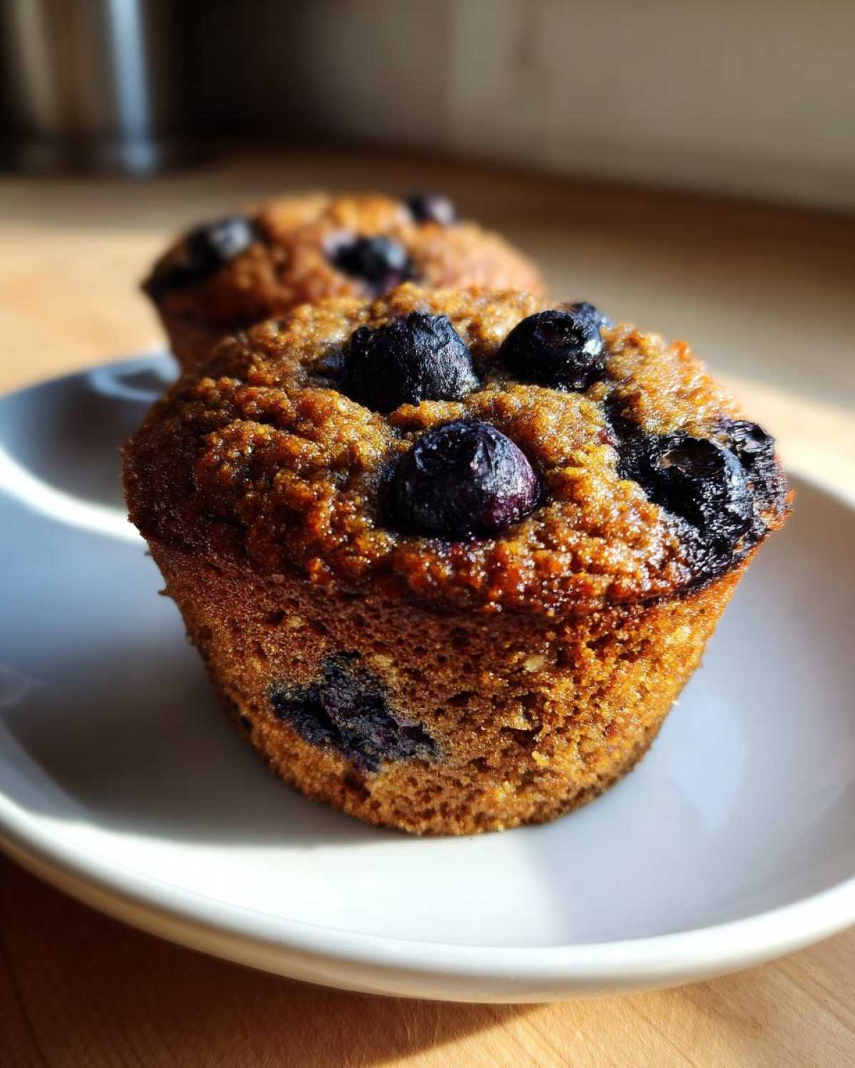Close-up of two golden-brown blueberry protein muffins sitting on a white plate in natural light.