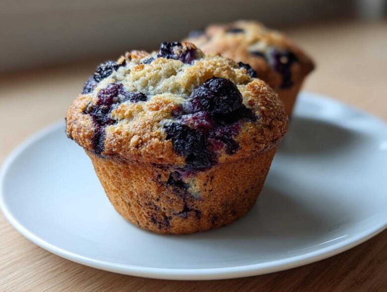 A close-up of a freshly baked blueberry protein muffin with a crumbly top, sitting on a white plate.