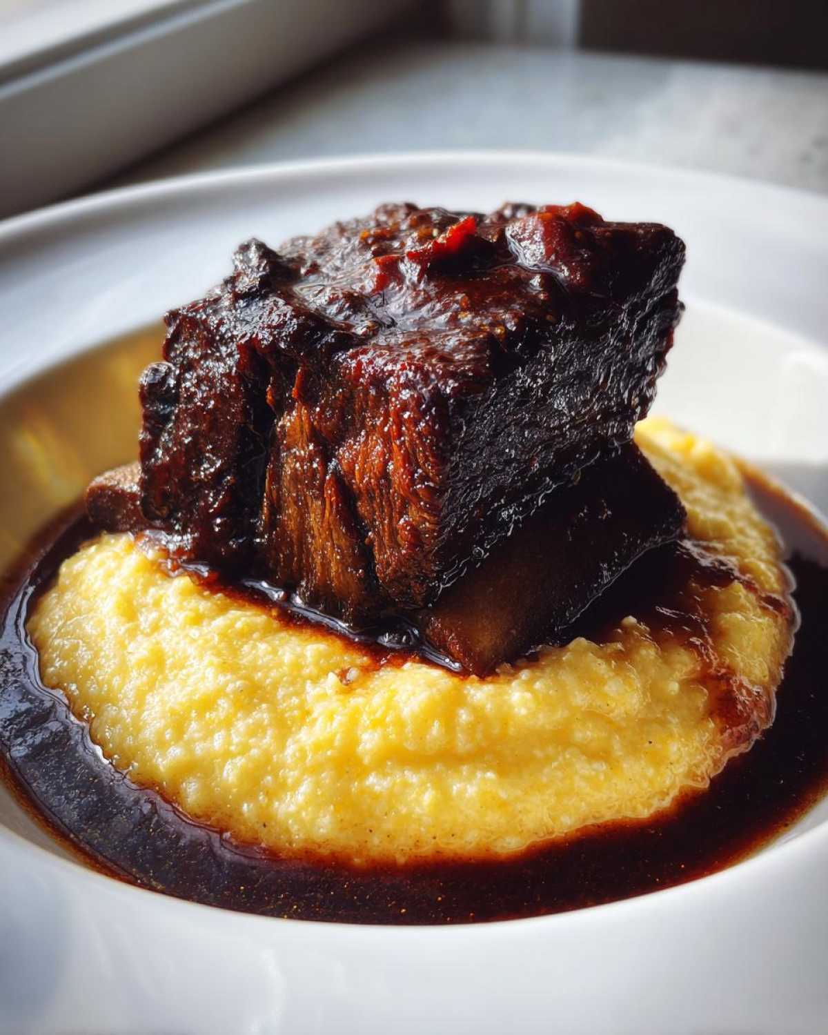 A close-up of tender braised short ribs glazed in dark sauce, served atop a mound of creamy yellow polenta.