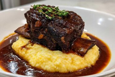 A single, rich braised short ribs portion served atop creamy yellow polenta, drizzled with dark sauce and garnished with thyme.