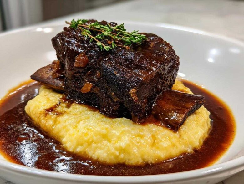 A single, rich braised short ribs portion served atop creamy yellow polenta, drizzled with dark sauce and garnished with thyme.