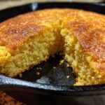 Close-up of golden brown buttermilk cornbread with a piece removed, baked in a black cast iron skillet.