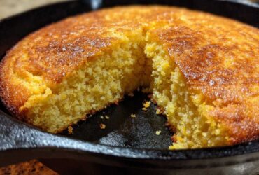 Close-up of golden brown buttermilk cornbread with a piece removed, baked in a black cast iron skillet.