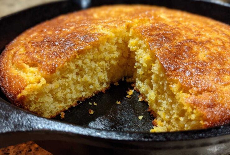 Close-up of golden brown buttermilk cornbread with a piece removed, baked in a black cast iron skillet.