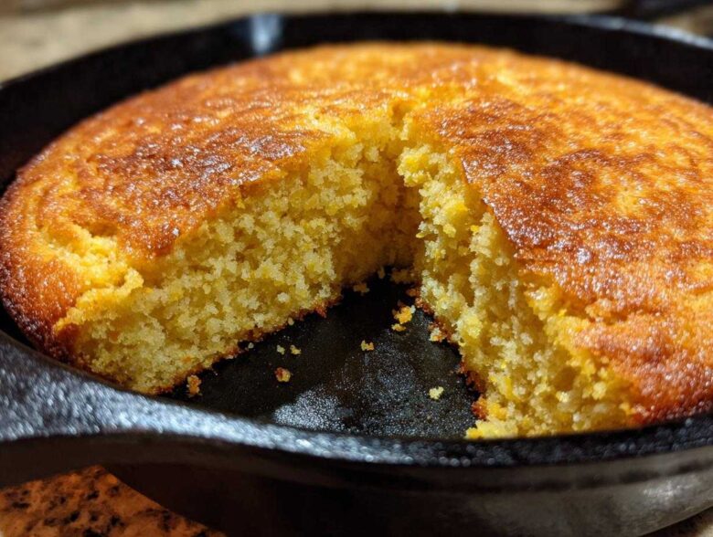Close-up of golden brown buttermilk cornbread with a piece removed, baked in a black cast iron skillet.