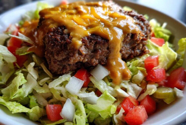 Close-up of a juicy beef patty topped with melted cheese sauce in a fresh cheeseburger bowl over lettuce, tomatoes, and onions.