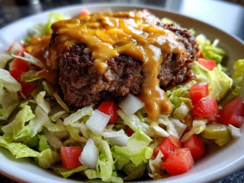 Close-up of a juicy beef patty topped with melted cheese sauce in a fresh cheeseburger bowl over lettuce, tomatoes, and onions.