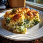 A generous serving of creamy, cheesy broccoli casserole with a golden brown, crispy topping on a white plate.