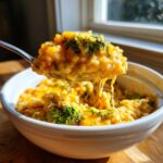 A spoonful of creamy, cheesy broccoli rice being lifted from a white bowl, showing melted cheese strings.