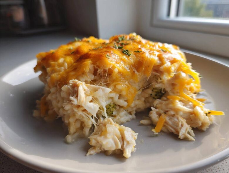 A close-up serving of cheesy chicken and rice casserole with melted cheddar cheese topping.