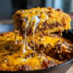 A gooey, cheesy slice of Dorito Casserole being lifted from a skillet, showing melted cheddar and ground meat filling.