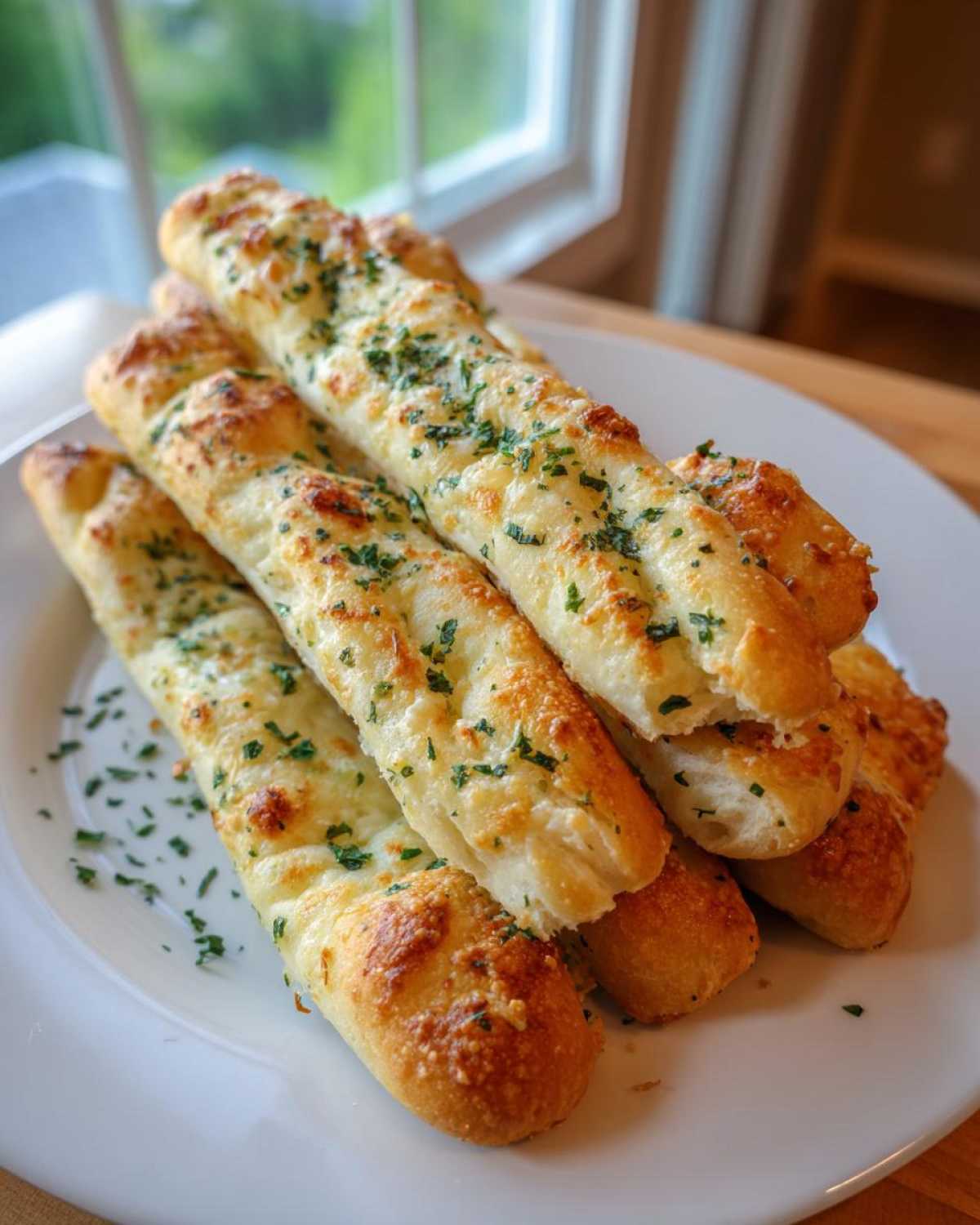 A stack of freshly baked, cheesy garlic breadsticks topped with green parsley, ready to eat.