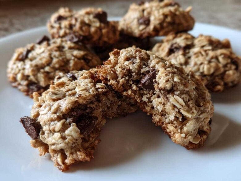 A chocolate chip oatmeal cookie broken in half, showing its chewy interior texture on a white plate.