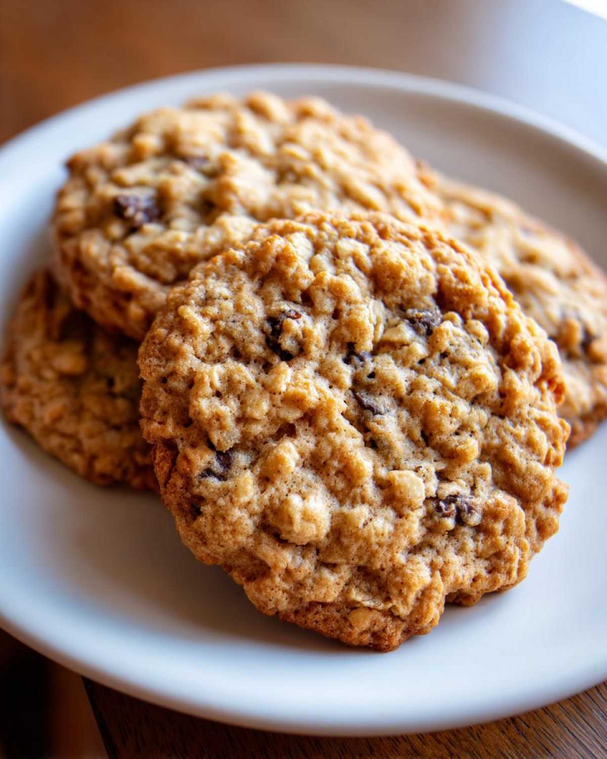 A close-up of several freshly baked, chewy oatmeal cookie rounds stacked slightly on a white plate.