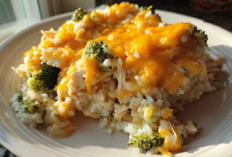 A close-up serving of creamy chicken broccoli rice casserole topped with melted cheddar cheese on a white plate.