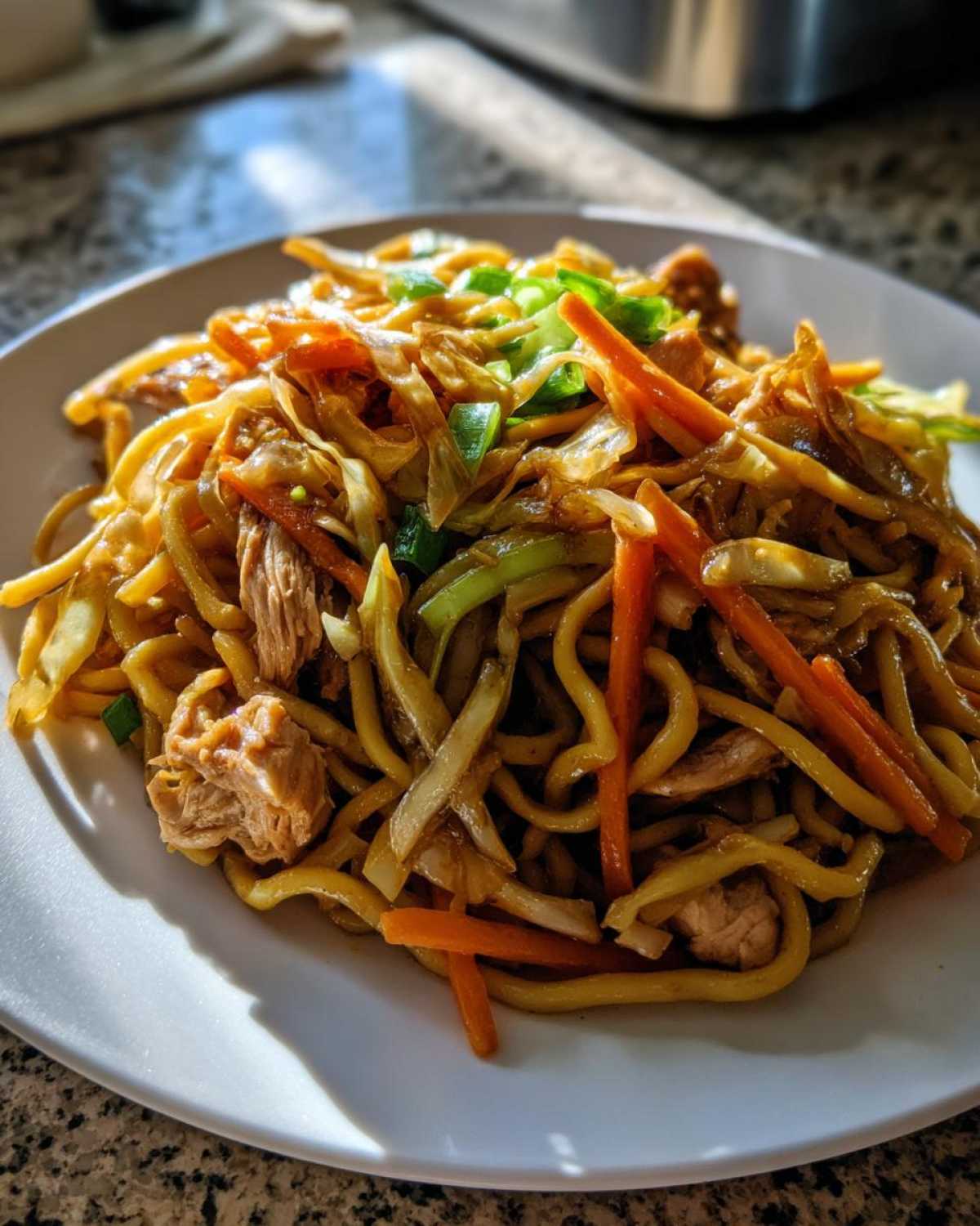 A close-up of a serving of chicken chow mein recipe, featuring thick noodles, shredded carrots, cabbage, and chicken pieces.
