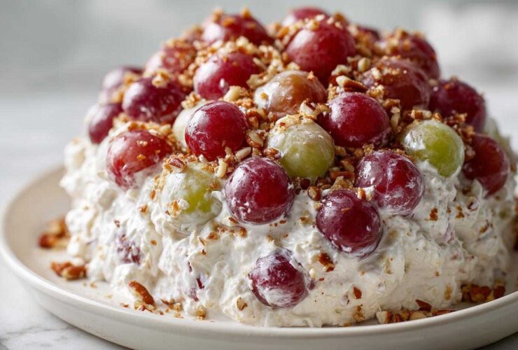 A mound of creamy grape salad topped with red and green grapes and chopped pecans, resembling the Chicken Salad Chick grape salad.